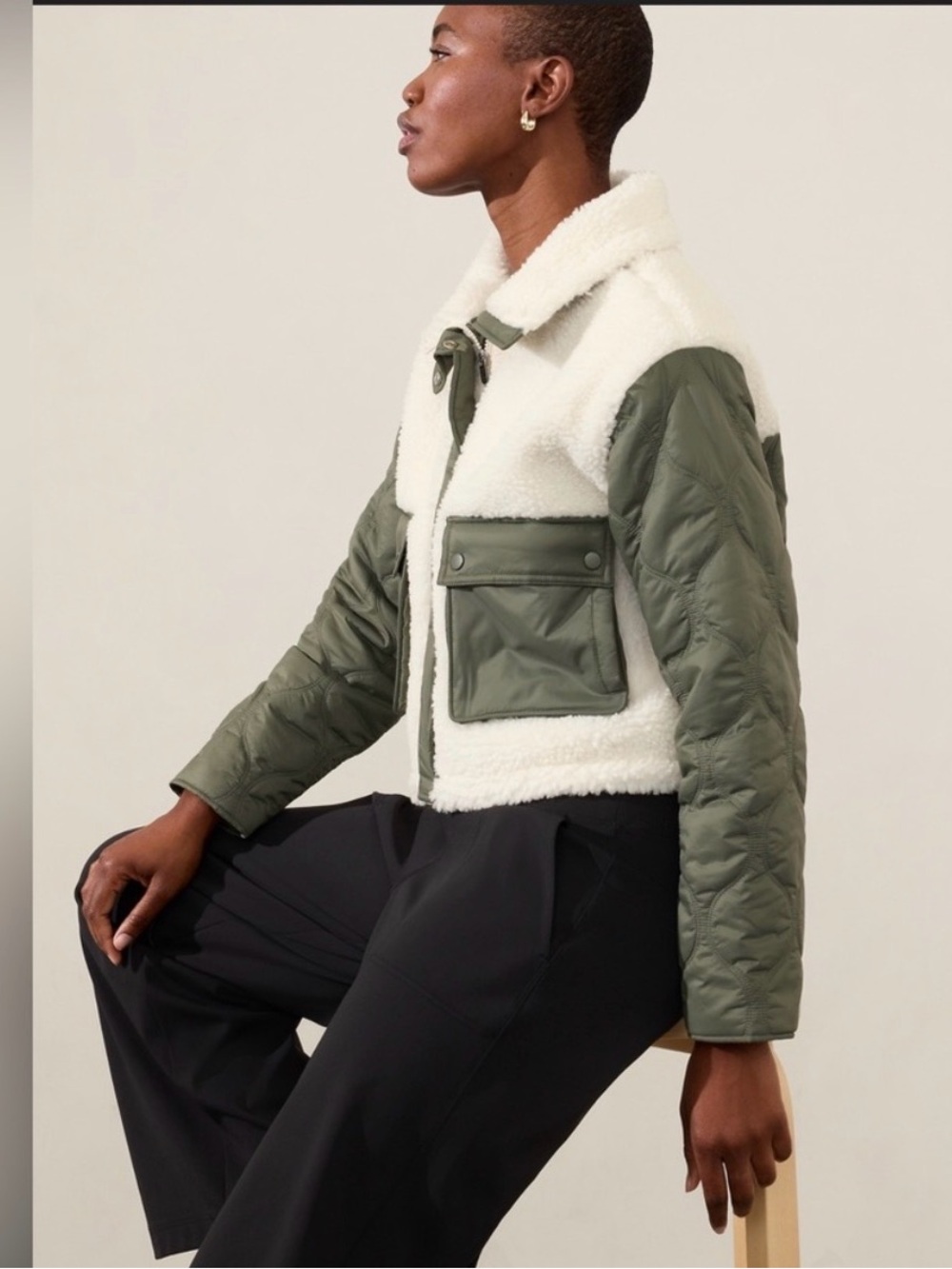 Athleta Cream Sherpa Hybrid Jacket with Olive Green Quilted Sleeves